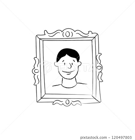 Doodle framed portrait of a young and happy man. A reflection in the vintage mirror. Painting sketch. 120497803