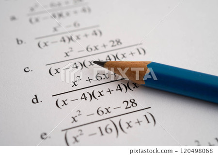 Pencil on mathematic formula exercise test paper in education school. Pencil on mathematic formula exercise test paper in education school. 120498068