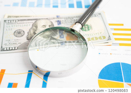 Magnifying glass on US dollar and EURO banknotes and graph, finance business trade concept. Magnifying glass on US dollar and EURO banknotes and graph, finance business trade concept. 120498083