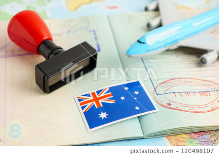Australia passport with approved stamp on document for tourism to immigration at airport in country. 120498107