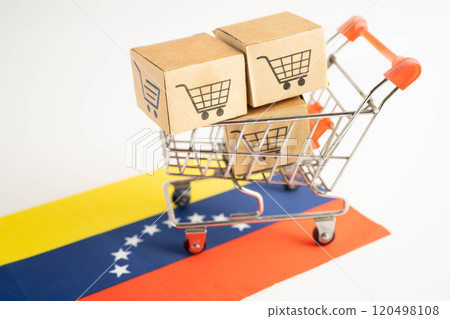 Online shopping, Shopping cart box on Venezuela flag, import export, finance commerce. 120498108