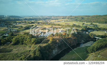 Arakawa River near Kobana Station on the Karasuyama Line, November afternoon, drone shot Arakawa River near Kobana Station on the Karasuyama Line, November afternoon, drone shot 120498204
