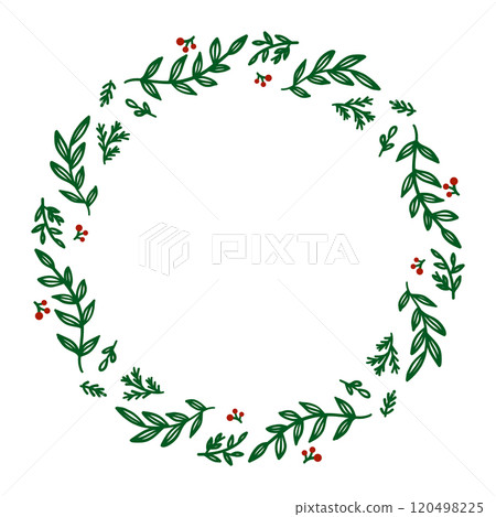 Circular wreath made of green leaves and red berries, vector, copy space Circular wreath made of green leaves and red berries, vector, copy space 120498225
