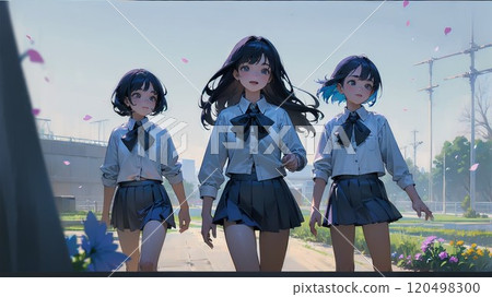 High school girls on their way home from school High school girls on their way home from school 120498300