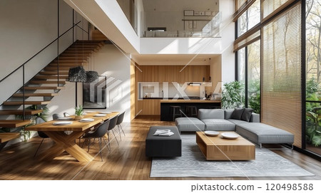 家庭客廳內部配有沙發、桌子、木地板上的地毯和全景窗戶 120498588