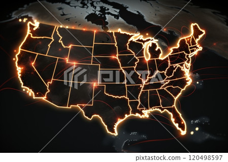 A detailed and vibrant image of a glowing orange map of the USA with state borders outlined in bright light against a dark background, creating a striking and eye-catching visual representation. 120498597