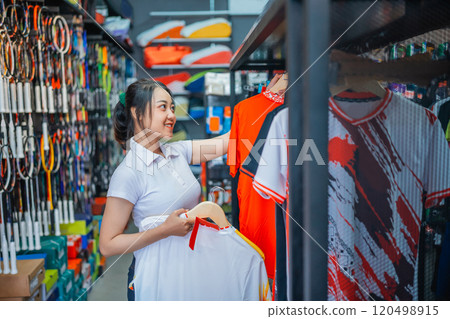 female staff hanging sports apparel rack female staff hanging sports apparel rack 120498915