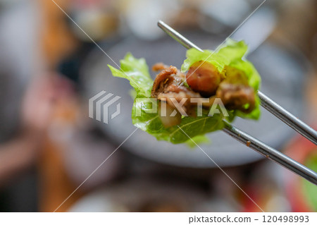 A fresh lettuce wrap filled with flavorful grilled meat and toppings, great for meals A fresh lettuce wrap filled with flavorful grilled meat and toppings, great for meals 120498993