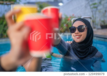 A Joyful Poolside Gathering Filled with Refreshing Drinks and Good Vibes 120499079