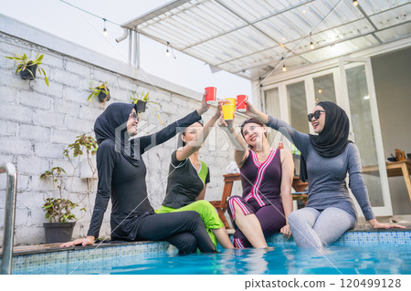 Friends celebrating poolside, sharing drinks and laughter, creating joyful moments Friends celebrating poolside, sharing drinks and laughter, creating joyful moments 120499128