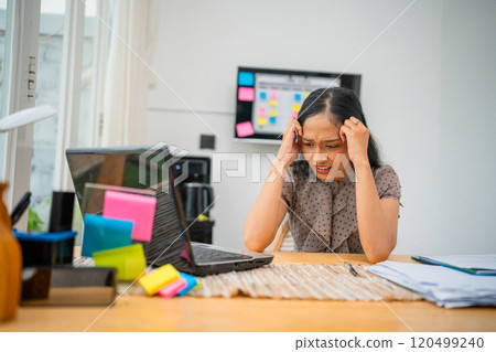 Overwhelmed Woman Struggling to Manage Stress While Working from Home Office Overwhelmed Woman Struggling to Manage Stress While Working from Home Office 120499240