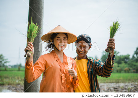 Farmers celebrate while engaging in rice planting in lush, fertile fields Farmers celebrate while engaging in rice planting in lush, fertile fields 120499607