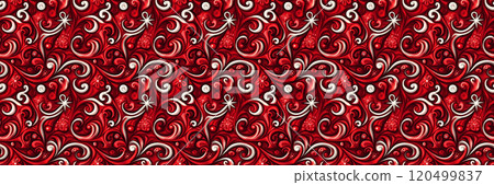 Seamless red and black abstract floral pattern with swirls and stars 120499837