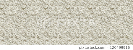 Elegant floral pattern with intricate swirls and leaves in beige tones for decorative backgrounds 120499916