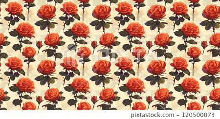 Seamless pattern of vibrant orange roses with green leaves 120500073