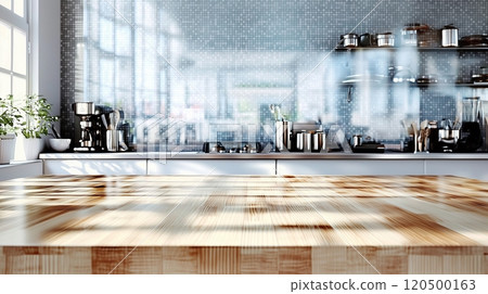 Modern kitchen interior with sunlit wooden countertop and stainless steel appliances 120500163