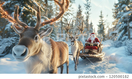 Santa sleigh ride with reindeers in snowy forest at christmas 120500182