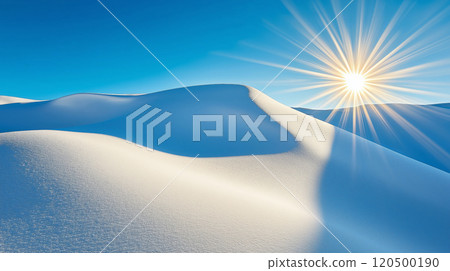 Sunlit snowy dunes with clear blue sky and radiant sunburst 120500190