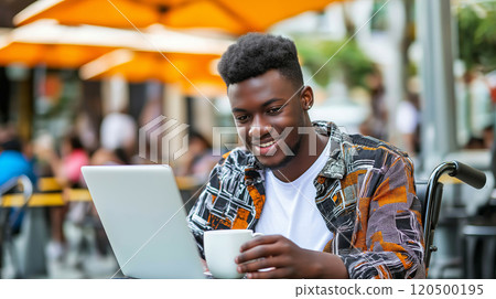 Smiling disabled man enjoys coffee and laptop at outdoor cafe with bright yellow umbrellas 120500195