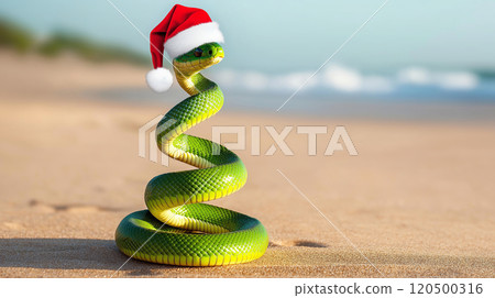 Green snake with santa hat posing on sandy beach for holiday season Green snake with santa hat posing on sandy beach for holiday season 120500316