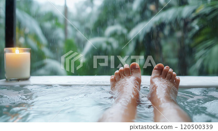 First person view on feet in bath with candlelight and tropical rainforest around 120500339