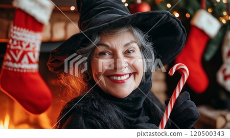 Joyful Befana witch holding candy cane by cozy fireplace with festive holiday decorations Joyful Befana witch holding candy cane by cozy fireplace with festive holiday decorations 120500343