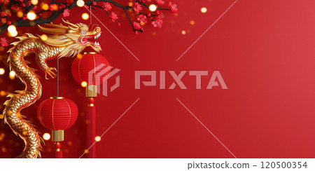 Golden dragon with red Chinese lanterns and cherry blossoms on vibrant red background Golden dragon with red Chinese lanterns and cherry blossoms on vibrant red background 120500354