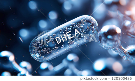 DHEA supplement capsule with molecular structure and bubbles in blue background DHEA supplement capsule with molecular structure and bubbles in blue background 120500486