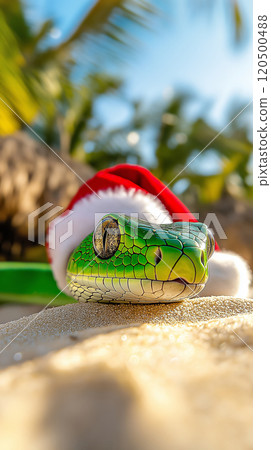 Festive green snake relaxing on sand with santa hat under tropical sun Festive green snake relaxing on sand with santa hat under tropical sun 120500488