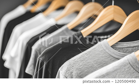 Minimalist wardrobe collection: monochrome t-shirts on wooden hangers Minimalist wardrobe collection: monochrome t-shirts on wooden hangers 120500490