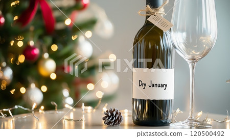 Dry january celebration: empty wine bottle with holiday decorations 120500492