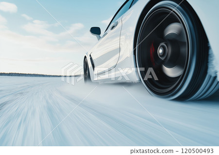 Sleek sports car racing through snowy terrain at high speed 120500493