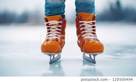 Close-up of orange ice skates on frozen lake during winter 120500494
