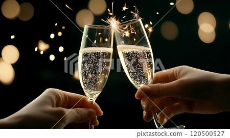 Celebratory toast with champagne and sparklers against bokeh background 120500527