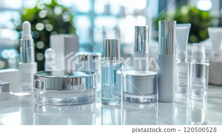 Luxurious cosmetic products selection with elegant packaging in bright setting 120500528