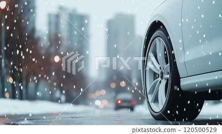 City streets in winter weather with snowfall and car wheel closeup on slippery road City streets in winter weather with snowfall and car wheel closeup on slippery road 120500529