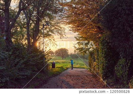 Serene Path Through Vibrant Woods at Sunset: A Woman Enjoys the Falling Leaves and Rolling Hills Under a Colorful Sky. 120500826