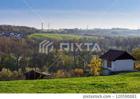 A Scenic and Picturesque Vineyard Landscape Featuring Quaint Houses Amidst Rolling Hills 120500881