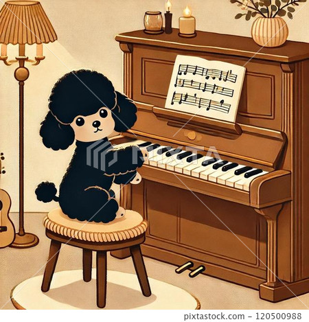 Toy poodle playing piano 120500988
