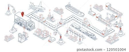 An integrated global logistics network combining air, road, and maritime transport with automated warehousing, robotic systems, and intelligent inventory management. Vector illustration EPS 10 120501004