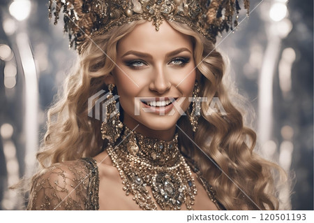 A generative AI was used to create a female image with Western hair and makeup styles that reflect the trends of the year 2100 (horizontal photo) 120501193