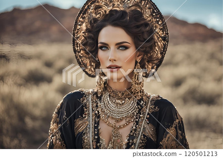 A generative AI was used to create a female image with Western hair and makeup styles that reflect the trends of the year 2100 (horizontal photo) 120501213