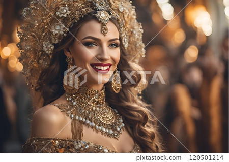 A generative AI was used to create a female image with Western hair and makeup styles that reflect the trends of the year 2100 (horizontal photo) A generative AI was used to create a female image with Western hair and makeup styles that reflect the trends of the year 2100 (horizontal photo) 120501214