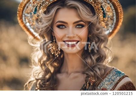 A generative AI was used to create a female image with Western hair and makeup styles that reflect the trends of the year 2100 (horizontal photo) 120501215