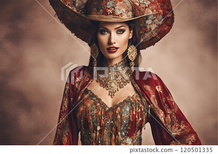 A generative AI was used to create a female image with Western hair and makeup styles that reflect the trends of the year 2100 (horizontal photo) 120501335