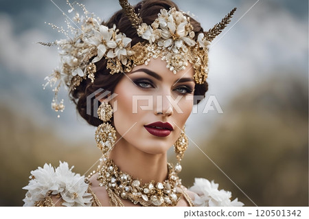 A generative AI was used to create a female image with Western hair and makeup styles that reflect the trends of the year 2100 (horizontal photo) 120501342