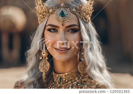 A generative AI was used to create a female image with Western hair and makeup styles that reflect the trends of the year 2100 (horizontal photo) 120501365