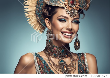 A generative AI was used to create a female image with Western hair and makeup styles that reflect the trends of the year 2100 (horizontal photo) 120501373