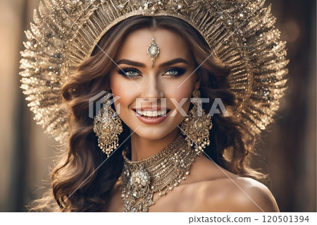 A generative AI was used to create a female image with Western hair and makeup styles that reflect the trends of the year 2100 (horizontal photo) A generative AI was used to create a female image with Western hair and makeup styles that reflect the trends of the year 2100 (horizontal photo) 120501394