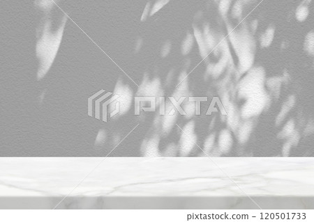 White Marble Table with Tree Shadow on Concrete Wall Texture Background 120501733